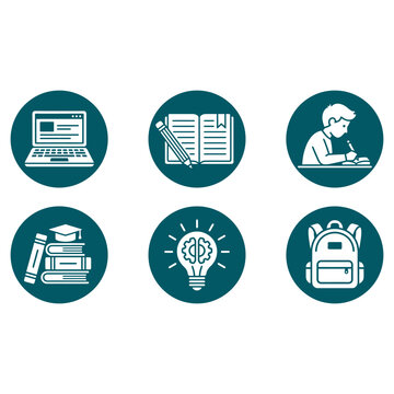 Set of education and learning icons in circular badges.