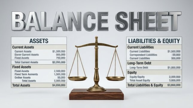 Balance sheet illustration with assets liabilities and equity on scales in financial presentation with equity using balancing scale visual clarity