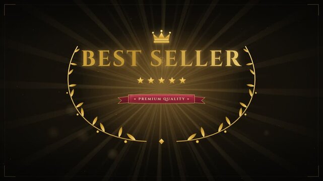 Luxury gold best seller award badge with crown and laurel wreath on dark glowing background