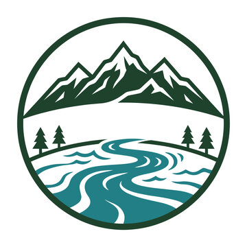 Minimalist circular emblem with mountain peaks and flowing river.