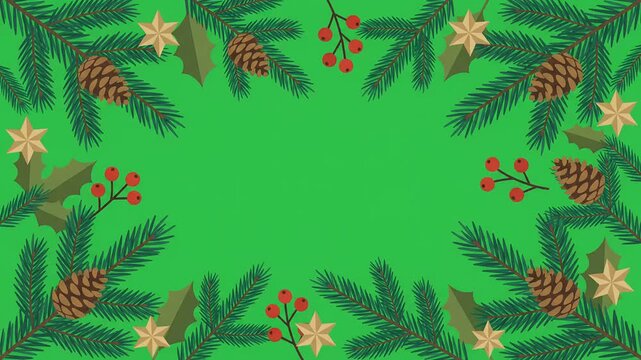 Festive Christmas holiday border animation featuring pine branches, pinecones, and red berries on a green screen background for seasonal greeting video production.