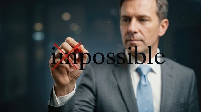 Professional rejecting impossible task in modern office setting with marker with Man suit crosses out word impossible while pointing marker office environment
