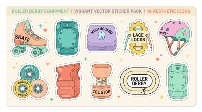 A sticker sheet displaying ten illustrated roller derby equipment icons on a light yellow background
