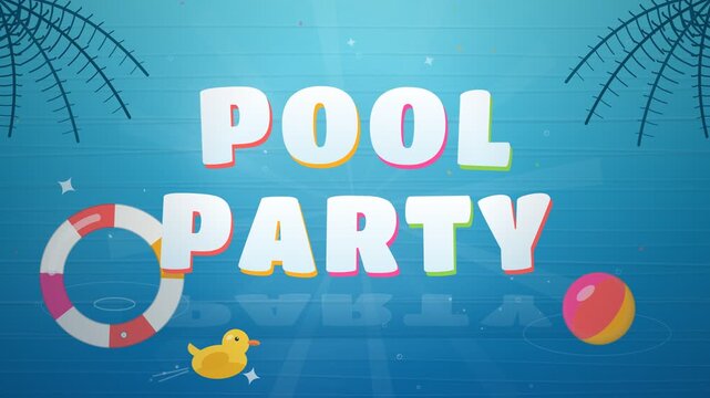 Pool Party animated vector title with floating rubber duck and summer vibes background