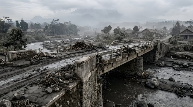 Severely Damaged Village Bridge Surrounded by Volcanic Rocks and Mud Deposits