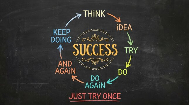Circular chalkboard diagram illustrating steps to achieve success through continuous effort with Chalkboard circular flow actions leading success repeated attempts persistence