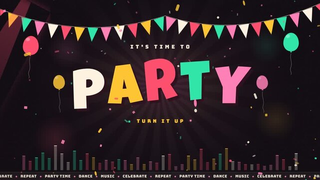 Party celebration background with colorful bunting flags balloons and audio equalizer