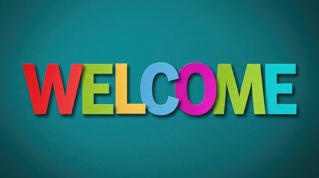 Colorful welcome text on dark background for event with Bright multicolored block letters spell out welcome against dark backdrop introduction