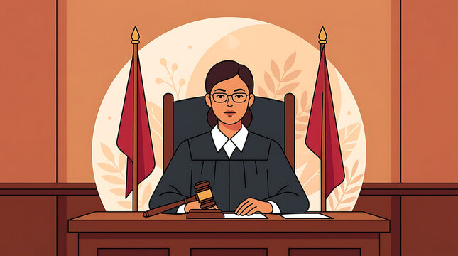 Female judge sitting behind wooden bench holding gavel in courtroom