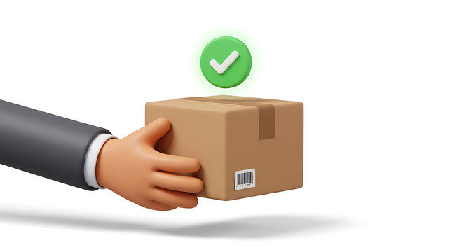 3D cartoon hand holding a cardboard shipping box with a green