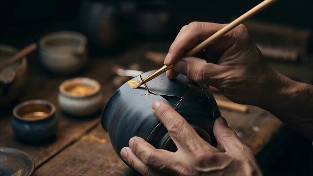 Artisan repairs cracked ceramic bowl with gold lacquer. Kintsugi pottery restoration. Japanese craft tradition and mindful sustainability. Handcrafted heritage technique.