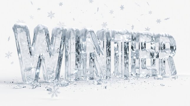 Winter word spelled with frozen ice letters and falling snowflakes on
