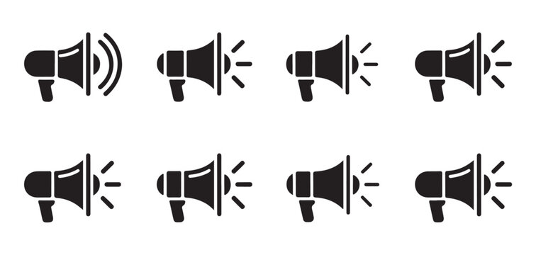Megaphone alert icons with sound waves for marketing campaigns and urgent public announcement notifications.