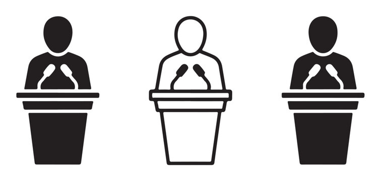 Speaker at podium icons set depicting black orator silhouettes for public speaking and political conference events.