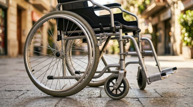 Empty wheelchair parked on paved outdoor pathway beside buildings with Wheelchair sits unattended paved path near storefronts trees accessibility