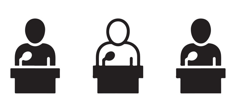 Person behind podium icons set featuring simple black orator silhouettes for business and seminar presentation.