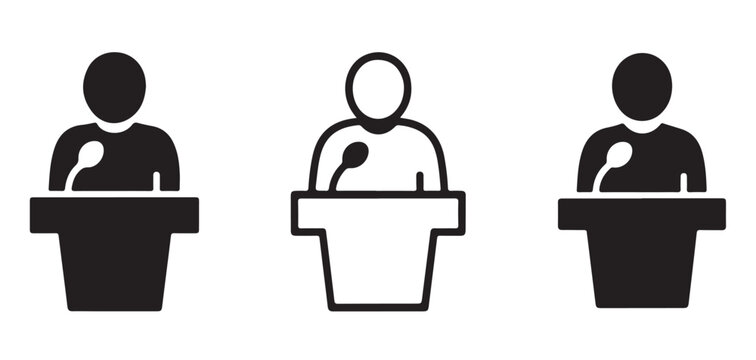 Orator behind podium icons collection featuring black silhouette graphics for business seminar and presentation.