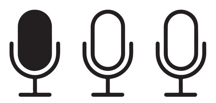 Professional podcast microphone icons set showing studio recording equipment silhouettes on transparent background.