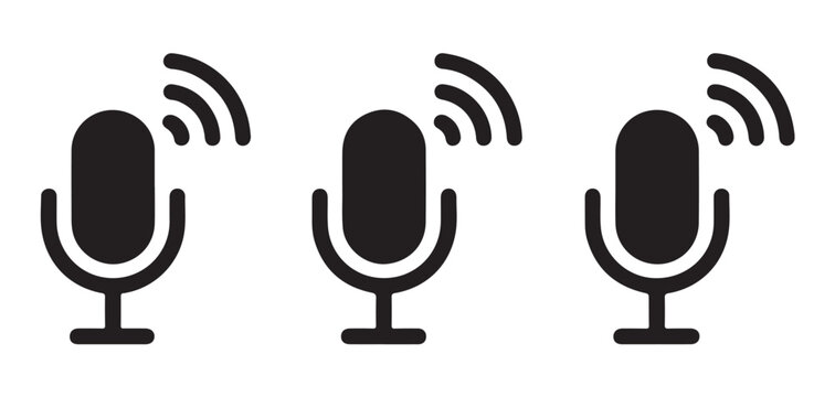 Microphone broadcast icons in black flat vector style for recording studio sound equipment and media production.