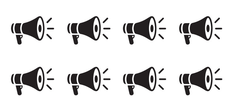 Megaphone alert icons in black flat vector style for marketing promotion and public announcement systems.