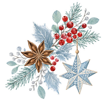 Winter Botanical Arrangement with Red Berries, Star Anise, Frosted Leaves and Blue Star Ornament