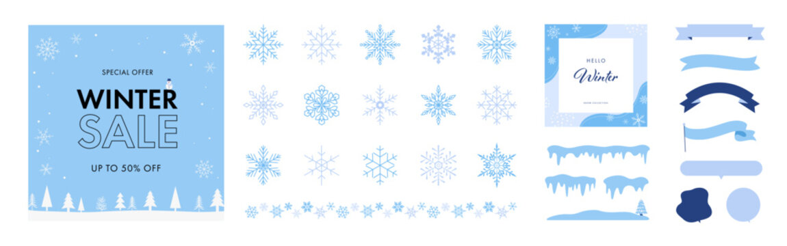 冬のセールバナーと雪の結晶・見出しのデザイン素材セット ベクターイラスト