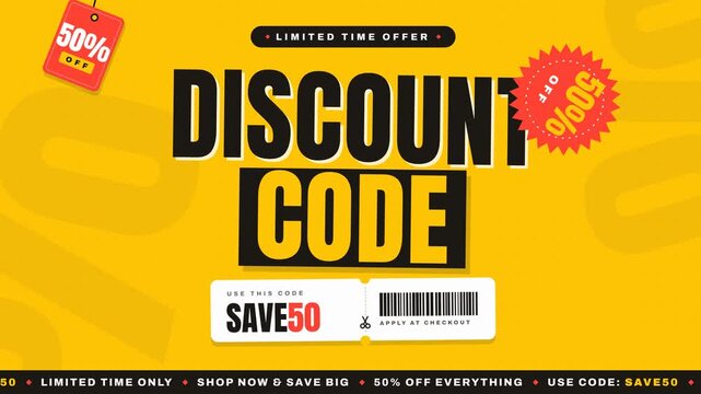 Discount code limited time offer promotional sale banner with barcode animation yellow background