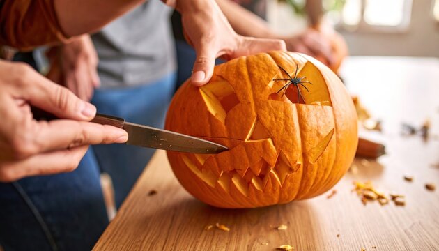 Close-up of Hands Carving a Jack-o'-lantern Pumpkin for Halloween Decoration