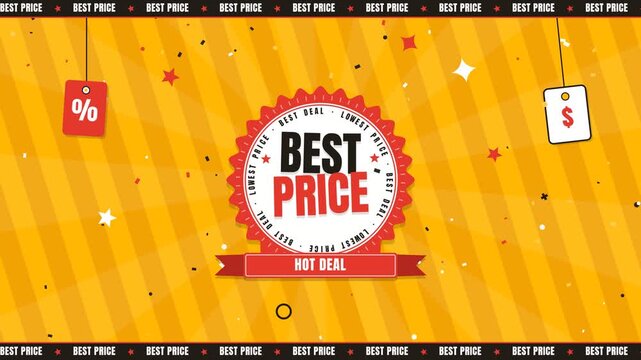 Yellow promotional sale banner with best price badge and discount tags for retail marketing