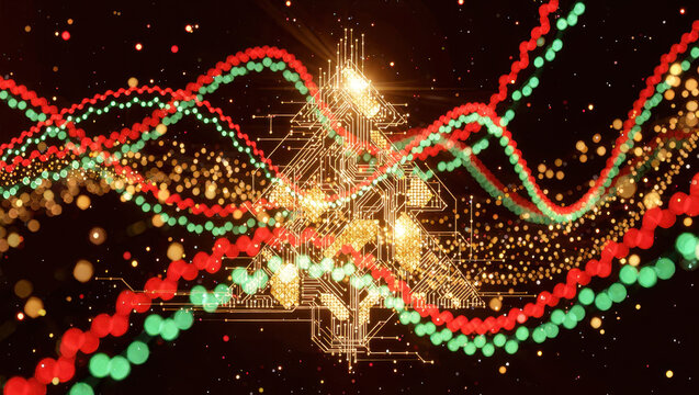 Abstract digital network with glowing red and green data waves flowing around golden circuit pattern on dark background