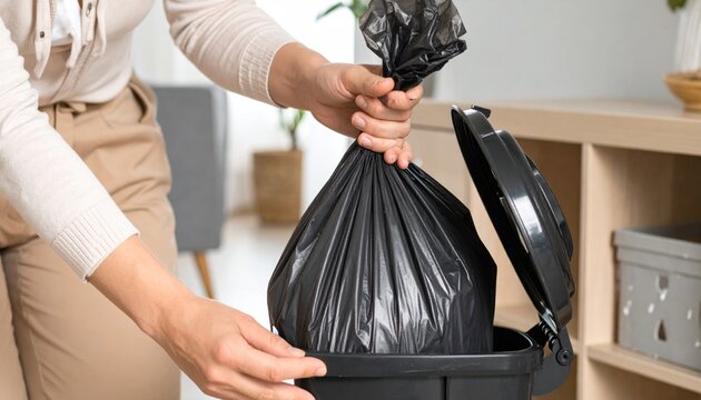 Woman Holding a Full Black Trash Bag Putting it into a Garbage Can in a Residential Home Setting