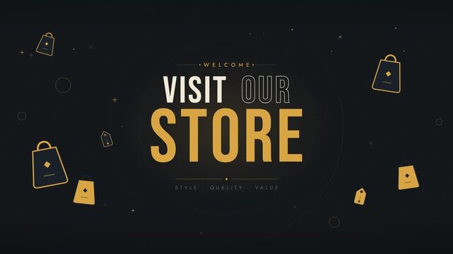 Visit Our Store retail animation with shopping bags and golden typography vector background