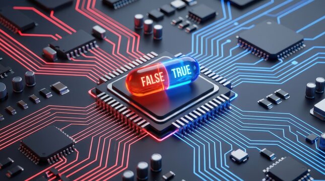 Dual color red and blue capsule displaying false and true text on computer chip for logic binary verification.