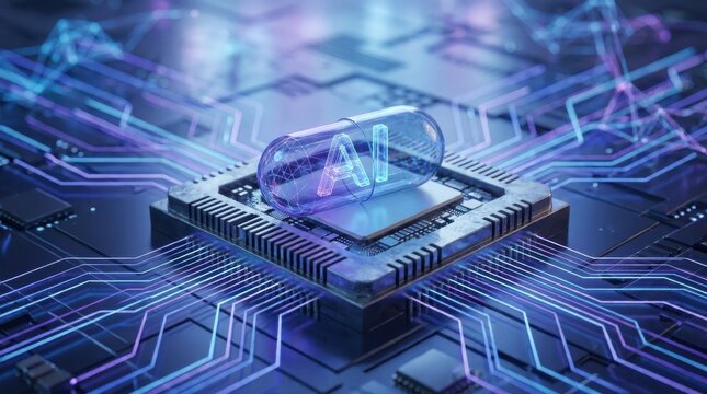 Digital medical pill with glowing ai lettering on high tech computer processor for biotechnology innovation.