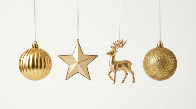 Four gold themed holiday ornaments hanging against white background with Gold colored ornaments with glitter ball suspended strings, ornaments