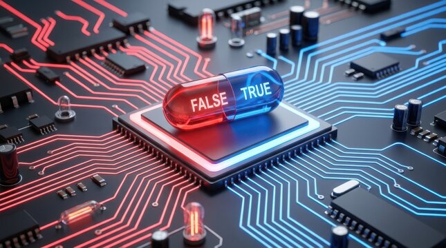 Binary truth pill with false and true labels on motherboard circuit board for digital logic and data verification.