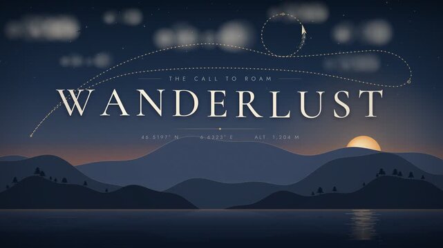 Wanderlust travel exploration video title card with mountain landscape and airplane trail