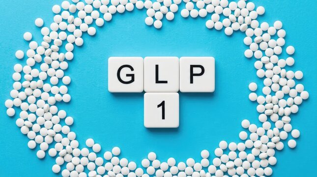 Scrabble tiles forming glp 1 surrounded by small white pills on blue background with tile beneath surrounded tiles spell out number one tile