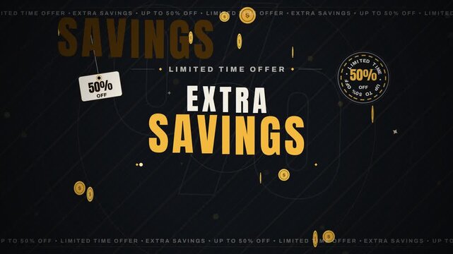 Limited time offer extra savings promotional motion graphic with falling gold coins