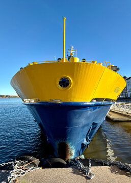 Bow of a Moored Kruunuvuori Ferry Seen Head On in a Helsinki Katajanokka Harbour