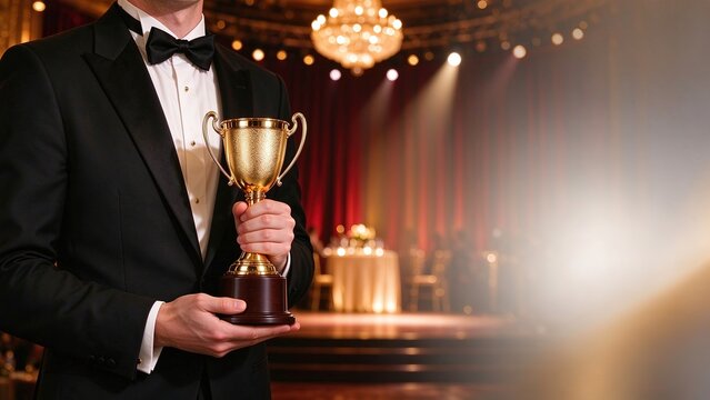 Winner in Tuxedo Holding Golden Trophy on Award Stage, Suitable for award ceremony posters, success banners, corporate achievement and competition celebration marketing.