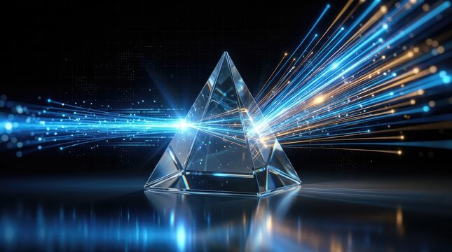 Transparent geometric crystal emitting futuristic light beams against cosmic dark background with setting cosmic particles crystal refracts bright