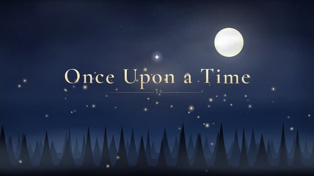 Magical fairytale title animation with starry night sky full moon and dark forest