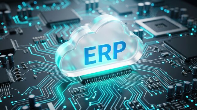 Cloud based erp system integrated with advanced circuit board technology with symbolizes enterprise resource resource planning high digital cloud