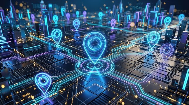 Digital map pins connected by glowing network lines over futuristic city circuit board layout with illuminated pathways across digital location markers