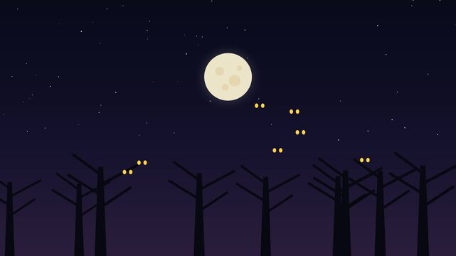 A full moon illuminates a dark forest with silhouetted trees and glowing fireflies arborescent autumnal backdrop