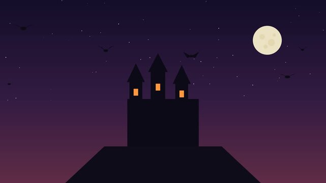 A dark castle silhouette stands against a starry night sky with a full moon moon spooky