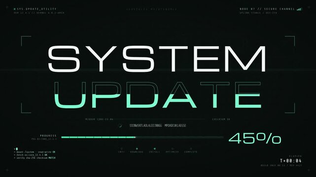 Futuristic cyberpunk user interface animation showing a system update progress bar and status
