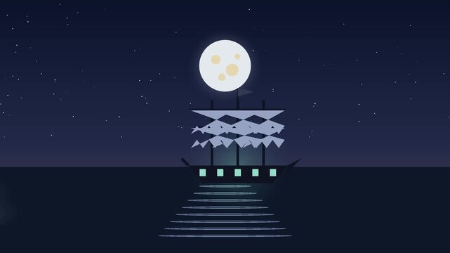 A ghostly ship sails across the dark ocean under a luminous full moon vessel sailboat schooner