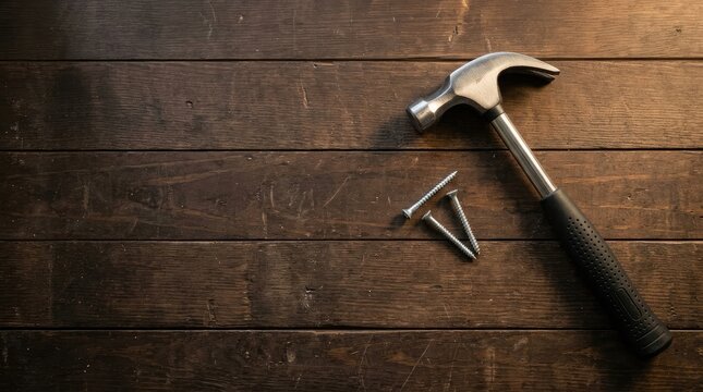 Hammer and screws resting on dark wooden planks with Hammer lies weathered wooden surface beside screws construction woodworking utilitarian